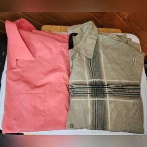 2 XL short sleeved men's dress shirt salmon and green checkered